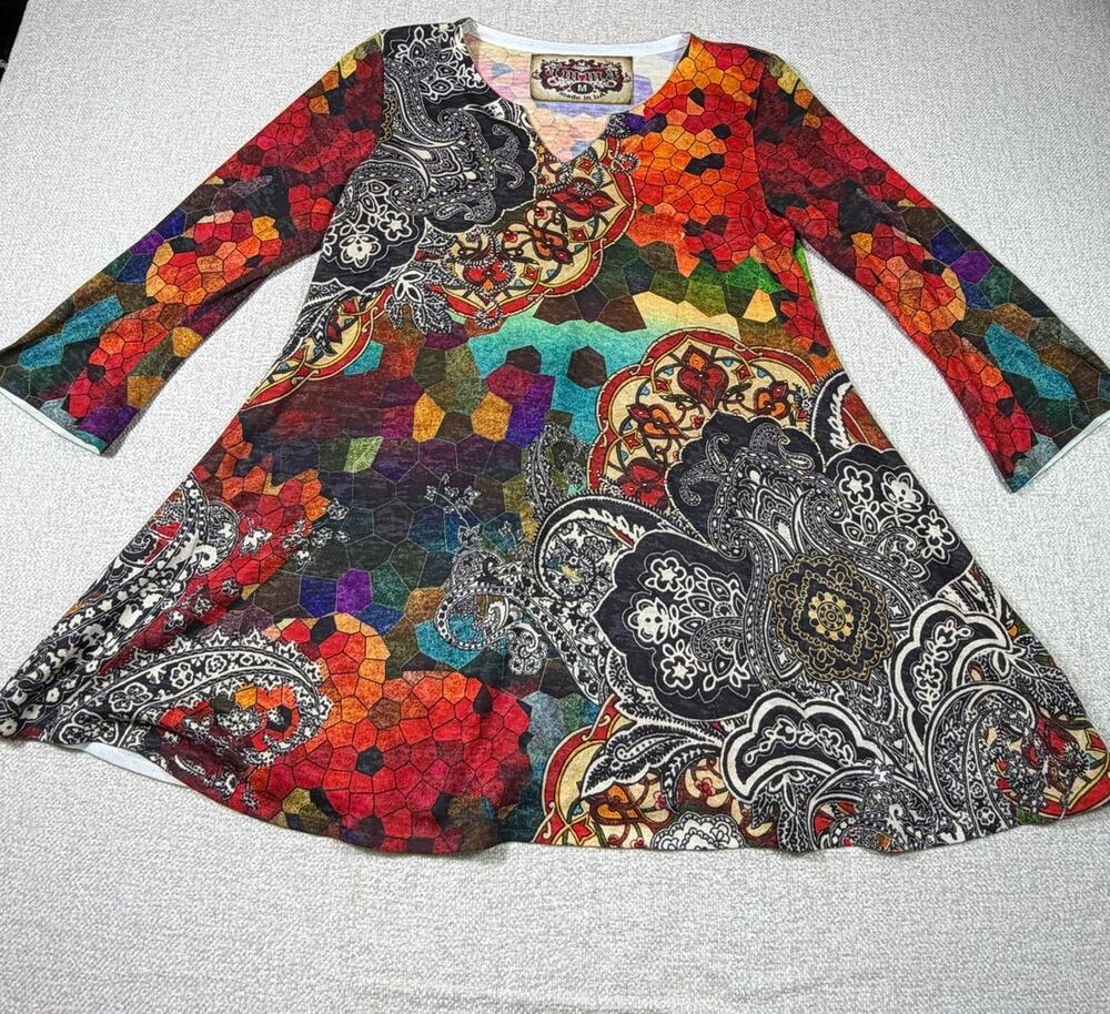 AMMA Women Medium Red Orange Geometric Print Lagen Look Tunic Shirt Top